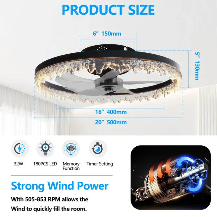 ARLGSITE Modern LED Ceiling Fan – Crystal Edge, Quiet Fan with Remote & APP Control - Image 8