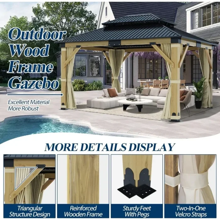 11FTx13FT Heavy-Duty Cedar Gazebo with Steel Hardtop - Outdoor Patio Wood Frame - Image 3