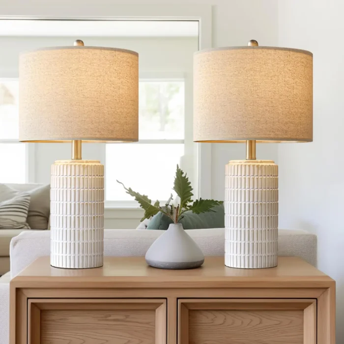 Set of 2 White Ceramic Table Lamps – Farmhouse Bedside & Living Room Desk Lighting