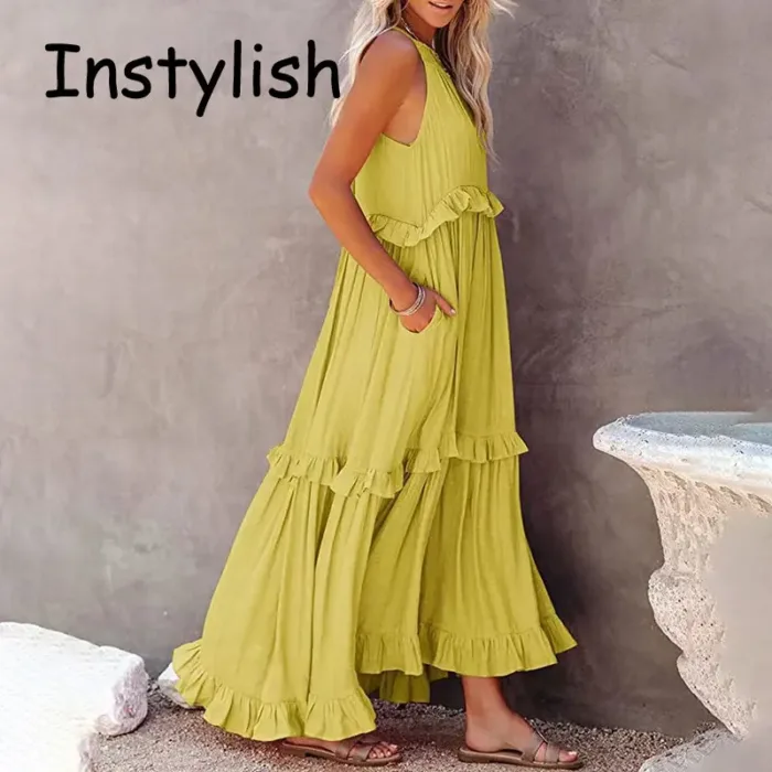 Women’s Elegant Ruffle Maxi Dress – Sleeveless Summer Beach Sundress - Image 6