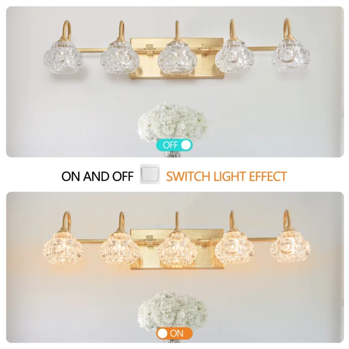 29" Modern Crystal Vanity Light – 5-Light Gold Wall Sconce with Clear Glass Shades - Image 5