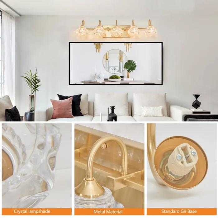 29" Modern Crystal Vanity Light – 5-Light Gold Wall Sconce with Clear Glass Shades - Image 3