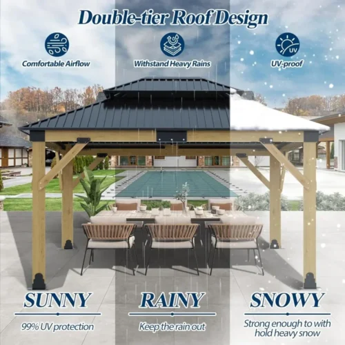 11FTx13FT Heavy-Duty Cedar Gazebo with Steel Hardtop - Outdoor Patio Wood Frame