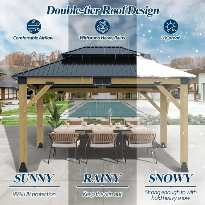 11FTx13FT Heavy-Duty Cedar Gazebo with Steel Hardtop - Outdoor Patio Wood Frame