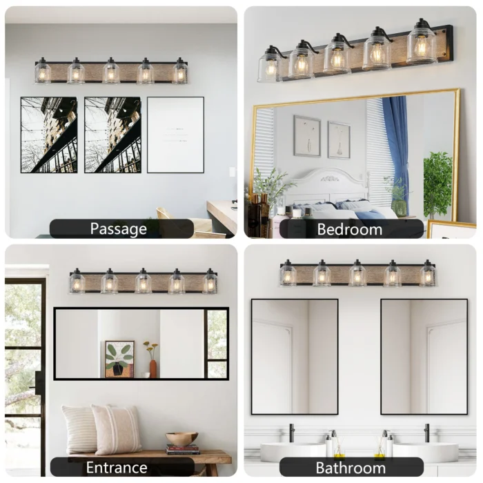 40" Farmhouse Vanity Light – 5-Light Wall Sconce with Clear Seeded Glass & Wood Grain Finish - Image 3