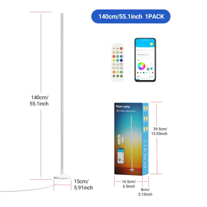 1 Pack Elegant White Corner Floor Lamp – RGB Color Changing with App & Remote Control - Image 4