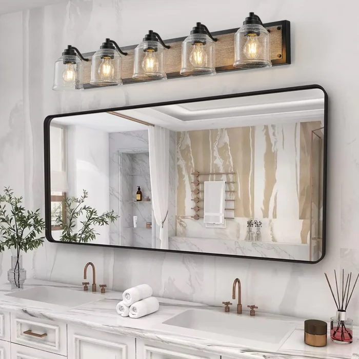 40" Farmhouse Vanity Light – 5-Light Wall Sconce with Clear Seeded Glass & Wood Grain Finish