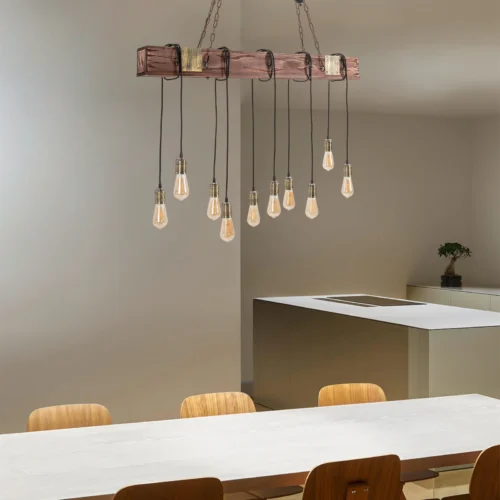 10-Light Industrial Rustic Wood Pendant Chandelier – Vintage Farmhouse Ceiling Fixture with Adjustable Chain