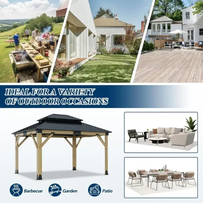 11FTx13FT Heavy-Duty Cedar Gazebo with Steel Hardtop - Outdoor Patio Wood Frame - Image 5