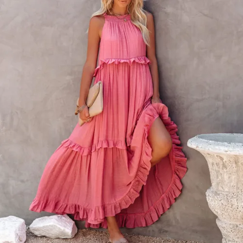 Women’s Elegant Ruffle Maxi Dress – Sleeveless Summer Beach Sundress