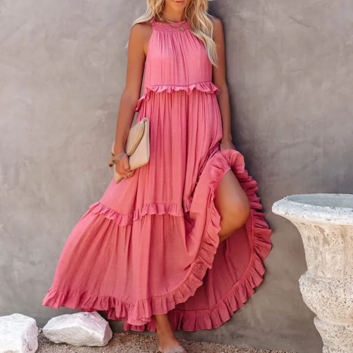 Women’s Elegant Ruffle Maxi Dress – Sleeveless Summer Beach Sundress