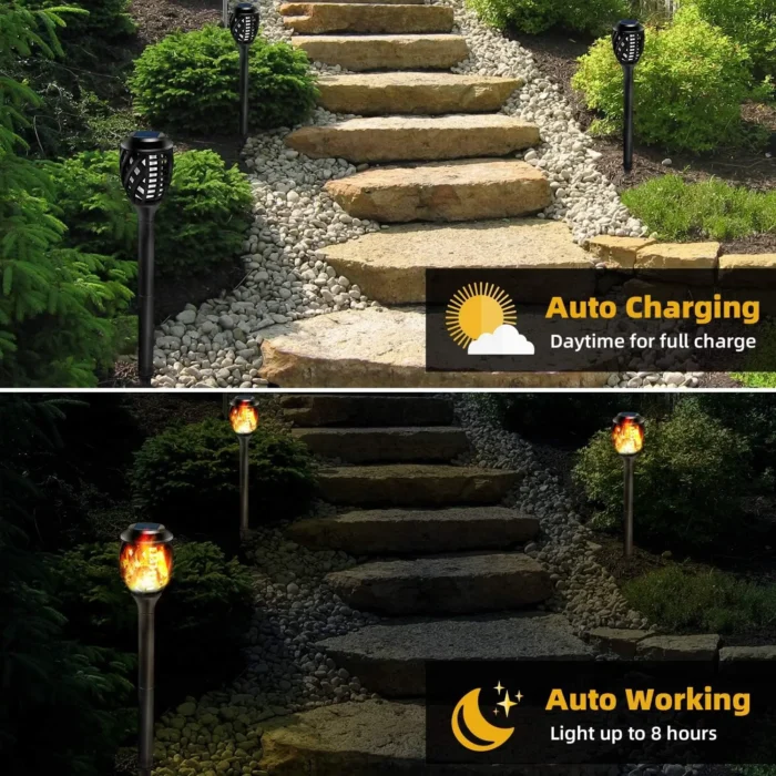 8PCS Solar Yard Lights – Water-Resistant Flickering Flame Torch Landscape Lighting - Image 3