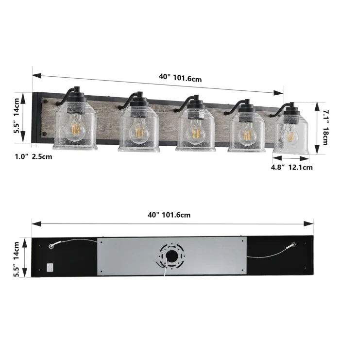 40" Farmhouse Vanity Light – 5-Light Wall Sconce with Clear Seeded Glass & Wood Grain Finish - Image 5