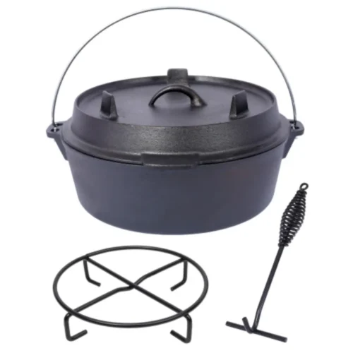 8Qt Pre-Seasoned Cast Iron Dutch Oven - Camping Cookware Pot with Lid Lifter & Metal Handle