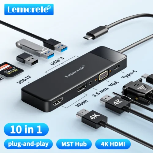 Lemorele USB-C Hub – 10-Port Docking Station with Dual 4K HDMI, VGA, USB 3.0, PD100W, SD Reader