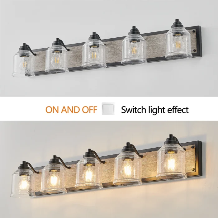 40" Farmhouse Vanity Light – 5-Light Wall Sconce with Clear Seeded Glass & Wood Grain Finish - Image 2
