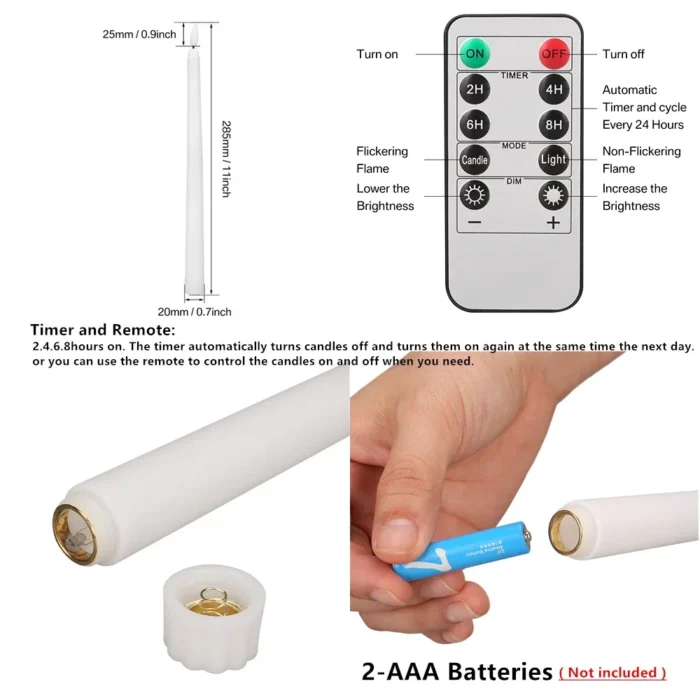 11" Flickering Flameless Taper Candles with Remote & Timer - 6/12 Pack, Battery Operated for Weddings & Parties - Image 4