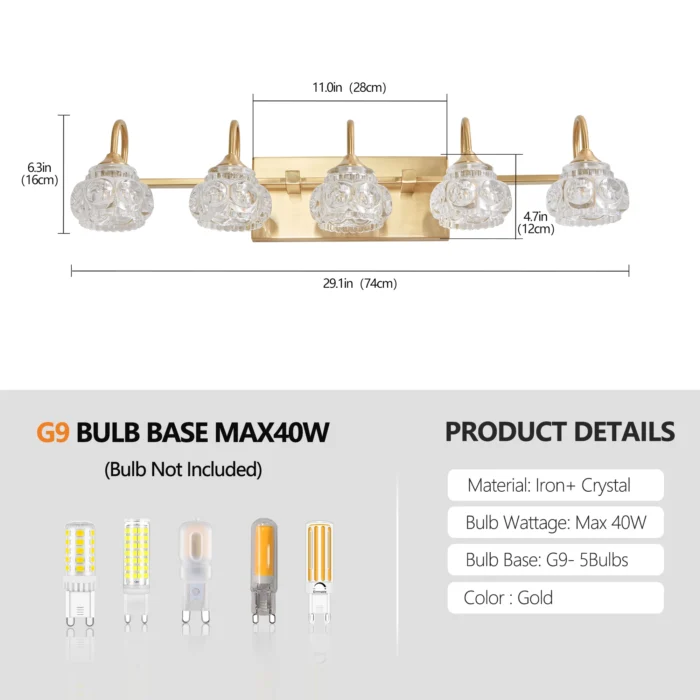 29" Modern Crystal Vanity Light – 5-Light Gold Wall Sconce with Clear Glass Shades - Image 4