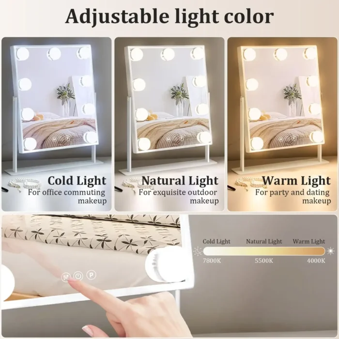 Illuminated Vanity Mirror – 9 LED Bulbs, 10x Magnifier, 3 Color Modes & 360° Swivel - Image 2