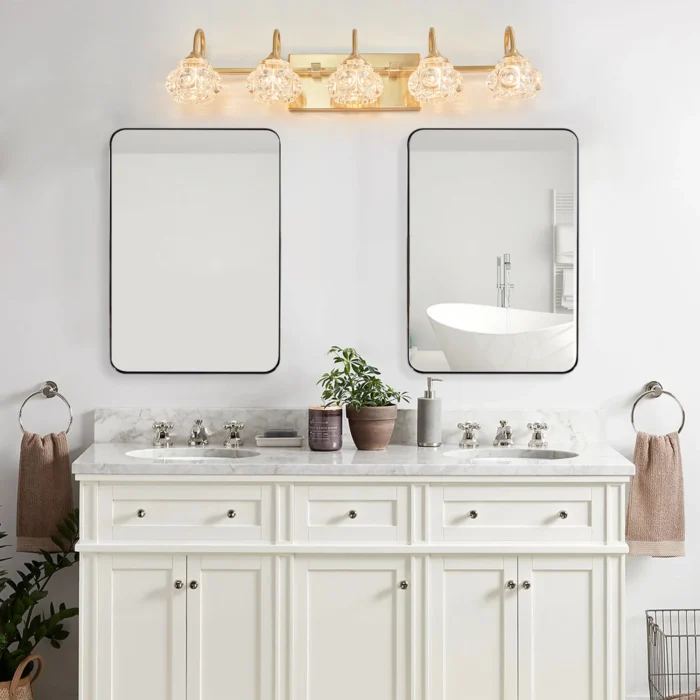 29" Modern Crystal Vanity Light – 5-Light Gold Wall Sconce with Clear Glass Shades - Image 6