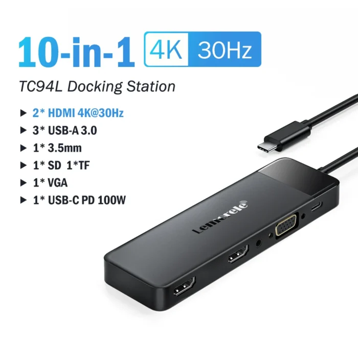 Lemorele USB-C Hub – 10-Port Docking Station with Dual 4K HDMI, VGA, USB 3.0, PD100W, SD Reader - Image 7