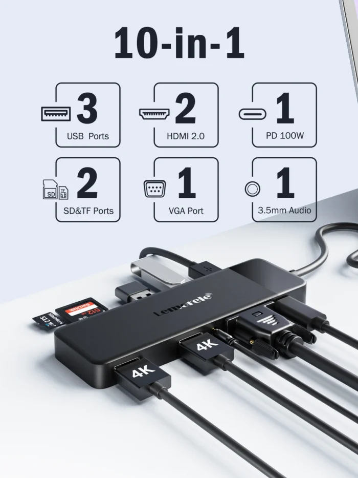 Lemorele USB-C Hub – 10-Port Docking Station with Dual 4K HDMI, VGA, USB 3.0, PD100W, SD Reader - Image 2