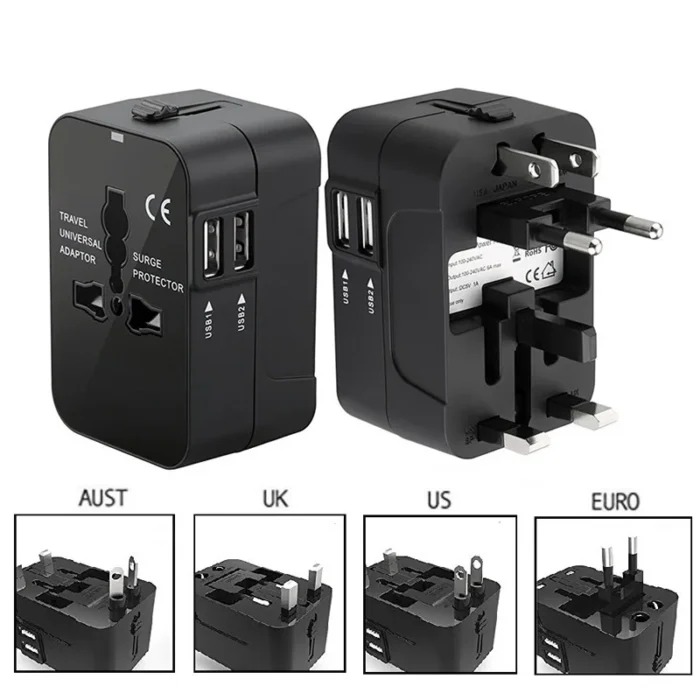 All-in-One International Travel Adapter – 2 USB Ports, Universal Plug for US/EU/UK/AU