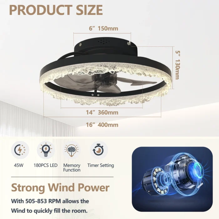 16" Smart Silent Ceiling Fan with Light – Flush Mount LED Fan with Hidden Blades & Natural Airflow - Image 3