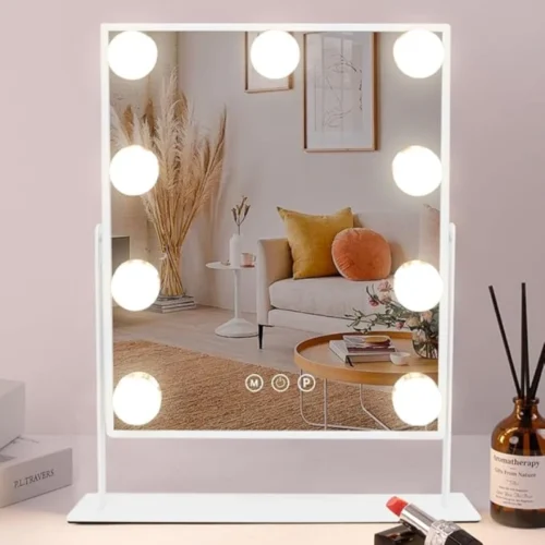 Lighted Makeup Mirror – 9 LED Bulbs, 10x Magnifier, 360° Rotation & 3 Color Modes