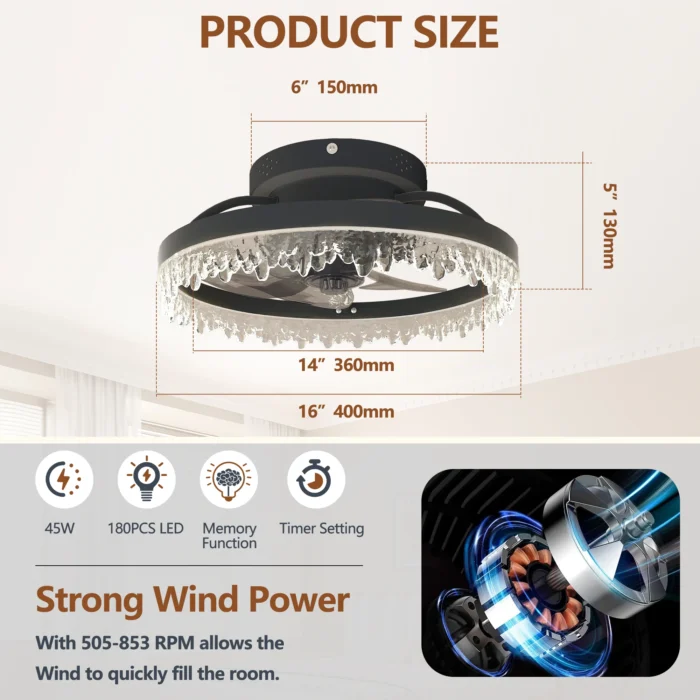 ARLGSITE Modern LED Ceiling Fan – Crystal Edge, Quiet Fan with Remote & APP Control - Image 7
