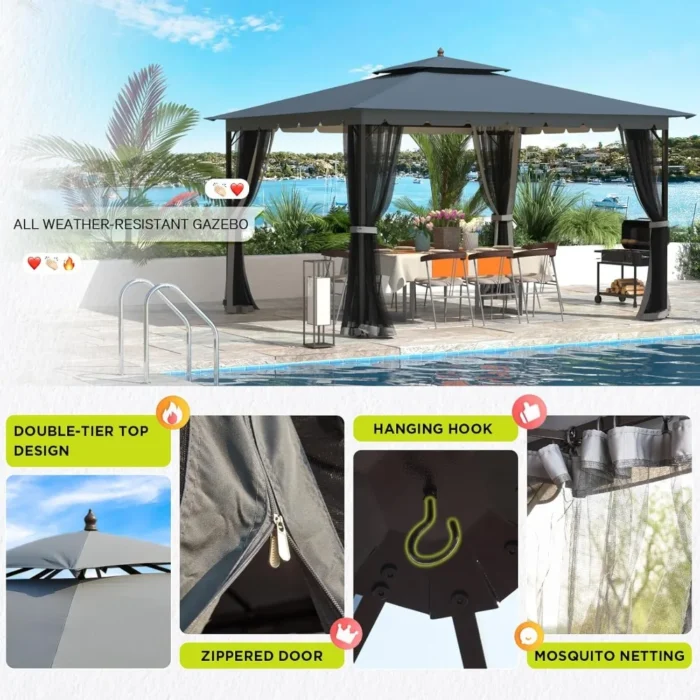 Heavy-Duty Metal Gazebo with Mosquito Netting & Dual Air Roof - Outdoor Patio Tent - Image 6