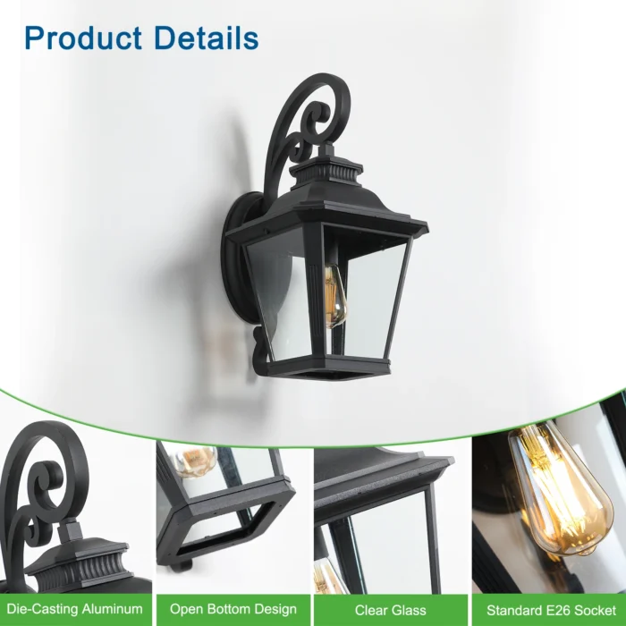 FAISHILAN Outdoor Wall Lantern – Vintage Black Aluminum with Clear Glass, Waterproof Porch Light - Image 5