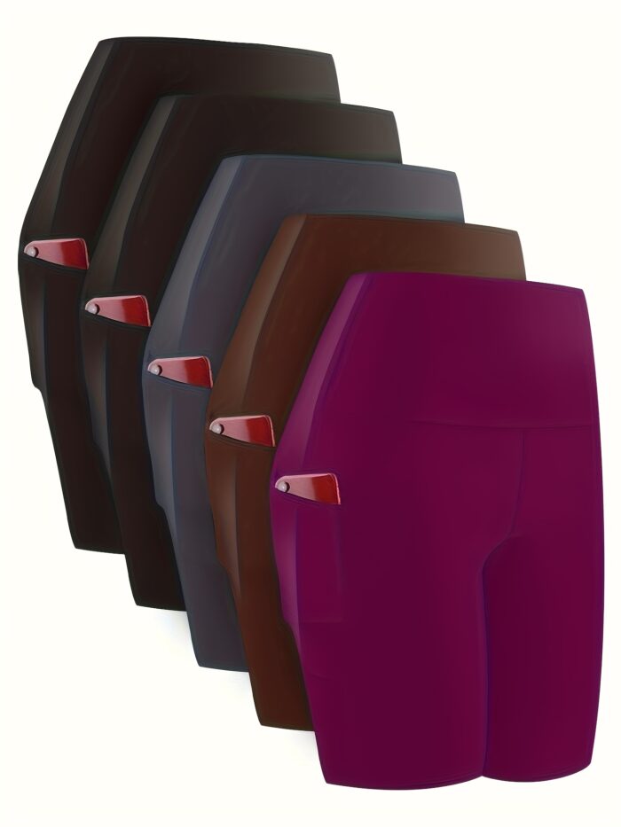 5pcs High-Waisted Workout Shorts – 6" Length, Pocketed, Soft Tummy Control for Yoga & Running - Image 3
