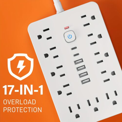 17-in-1 Surge Protector Power Strip – 11 AC, 4 USB, 2 Type-C, Flat Plug Design