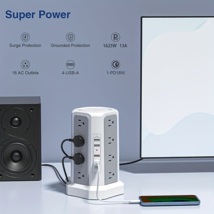 Power Strip Tower with USB C – 16 AC Outlets, 5 USB Ports, Flat Plug Surge Protector - Image 11