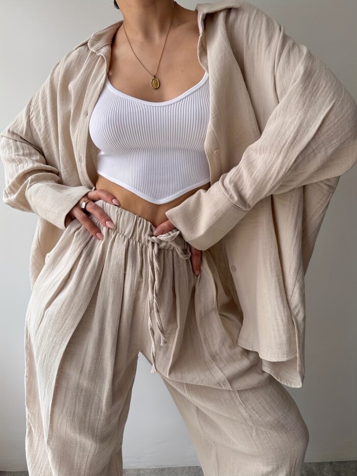 2-Piece Women's Fashion Suit – Lapel Long-Sleeve Shirt & High-Waisted Pants - Image 10