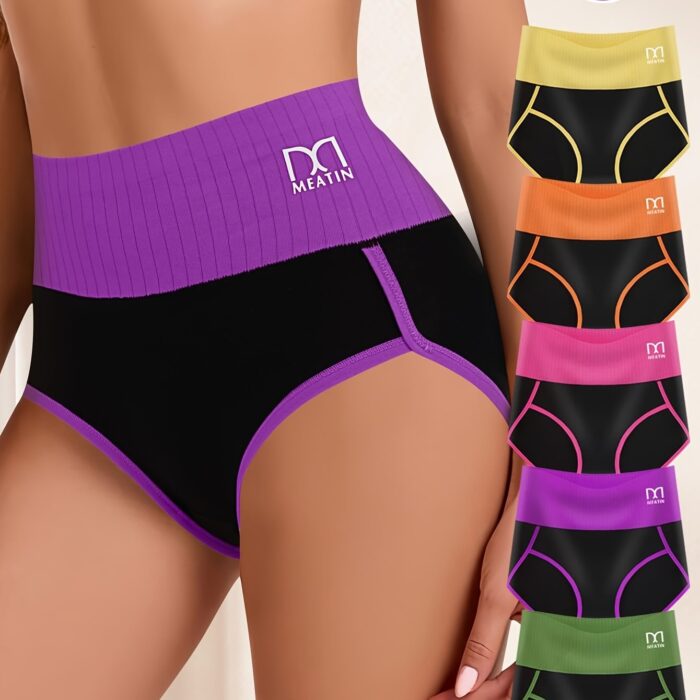 5pcs High Waist Tummy Control Underwear – Contrast Color Bikini Briefs for Women - Image 9