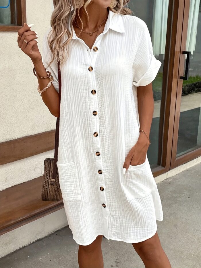 Women’s V-Neck Blouse Dress – 100% Cotton, Short Sleeve, Button Detail (Light Blue)