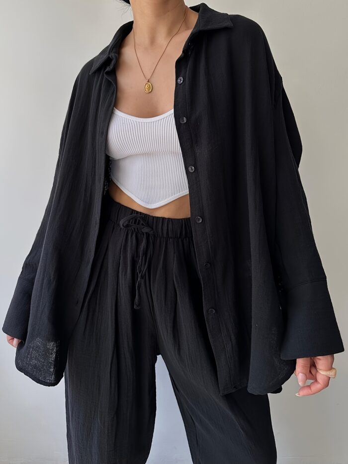 2-Piece Women's Fashion Suit – Lapel Long-Sleeve Shirt & High-Waisted Pants - Image 9