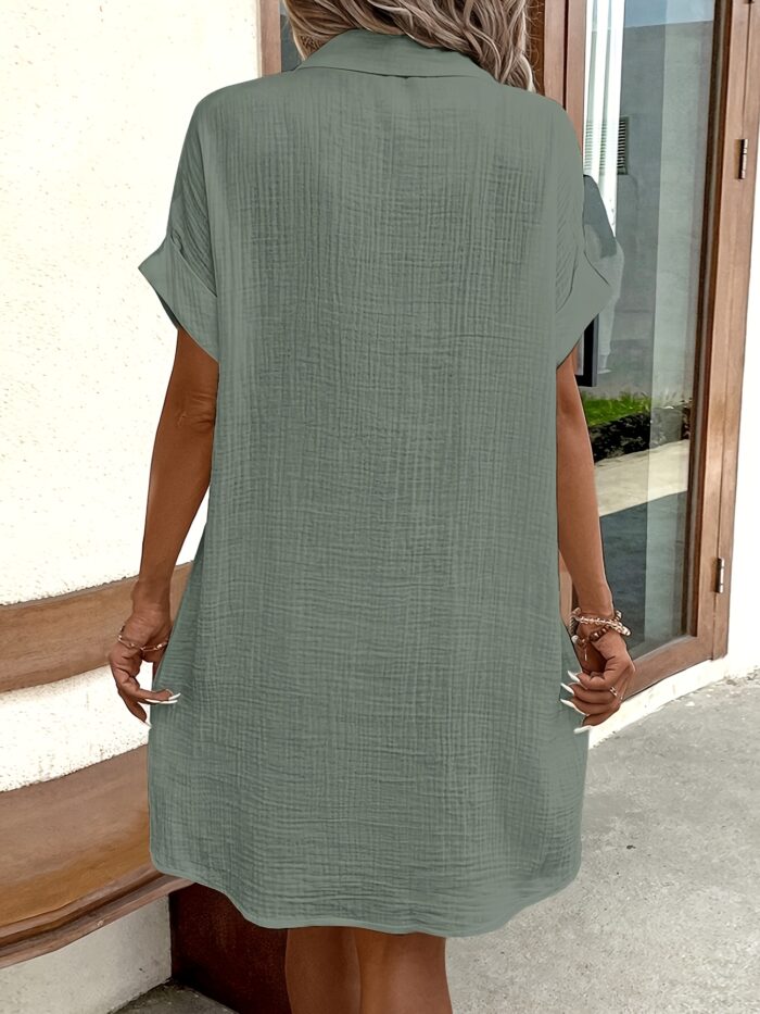 Women’s V-Neck Blouse Dress – 100% Cotton, Short Sleeve, Button Detail (Light Blue) - Image 11