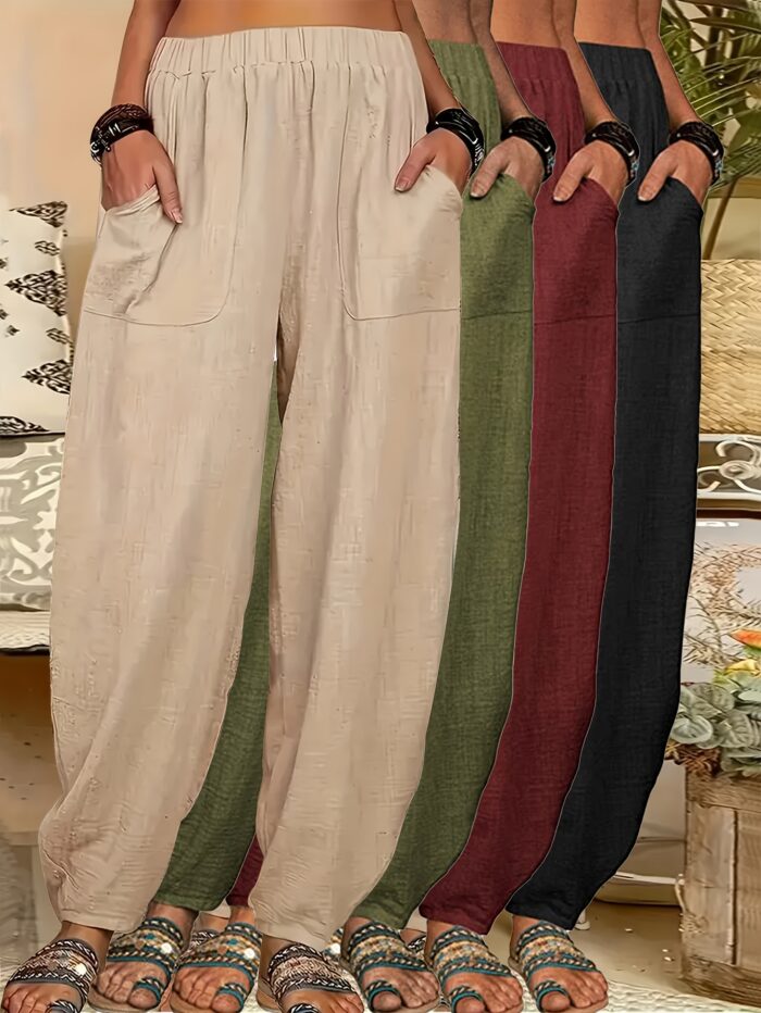 4pcs Women's Lightweight Harem Pants – Elastic Waist, Loose Fit with Pockets (Multi-Color) - Image 4