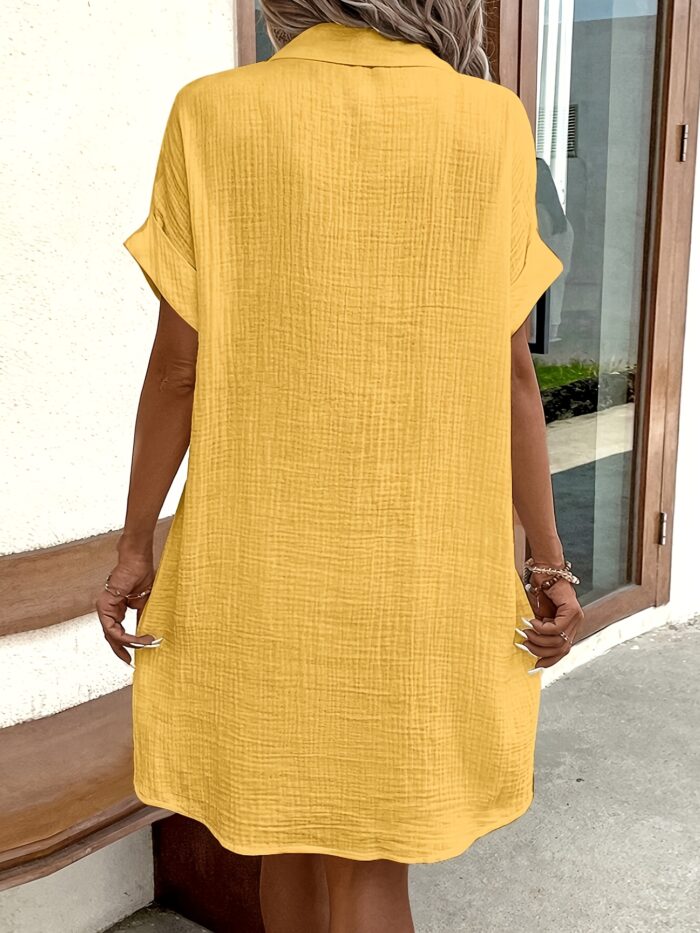 Women’s V-Neck Blouse Dress – 100% Cotton, Short Sleeve, Button Detail (Light Blue) - Image 10
