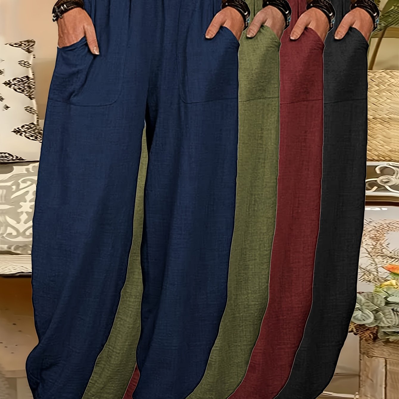 4pcs Women's Lightweight Harem Pants – Elastic Waist, Loose Fit with Pockets (Multi-Color) - Image 15