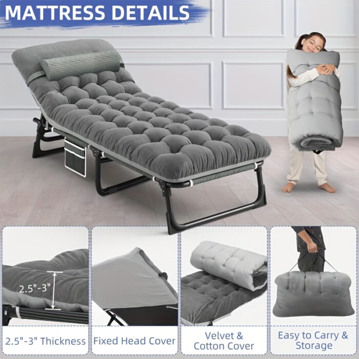 Heavy-Duty Folding Camping Cot with Mattress – 4‑Position Adjustable, Carbon‑Steel Frame & Removable Pillow - Image 6
