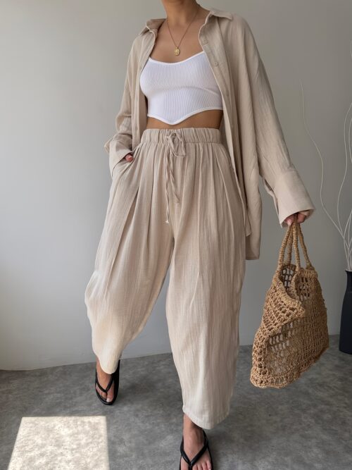 2-Piece Women's Fashion Suit – Lapel Long-Sleeve Shirt & High-Waisted Pants
