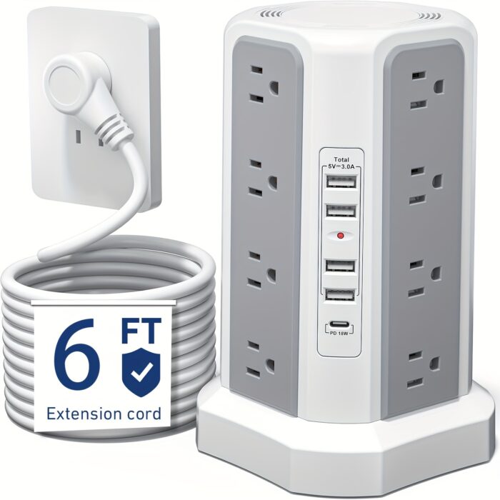 Power Strip Tower with USB C – 16 AC Outlets, 5 USB Ports, Flat Plug Surge Protector - Image 2