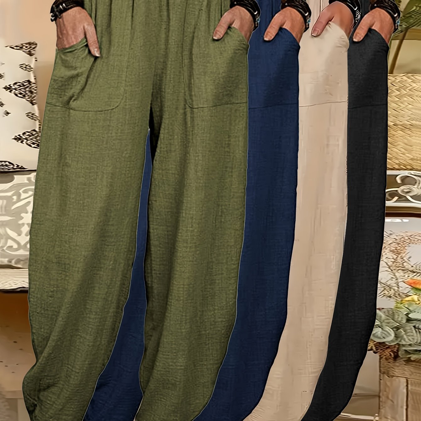 4pcs Women's Lightweight Harem Pants – Elastic Waist, Loose Fit with Pockets (Multi-Color) - Image 14