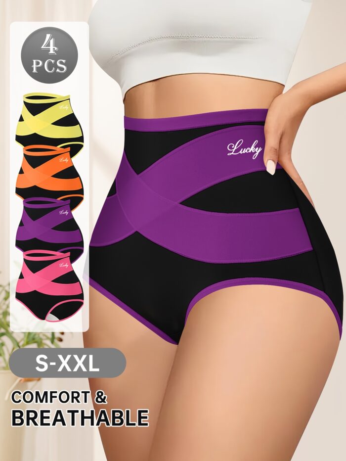 4pcs Tummy Control Panties – High-Waisted Shaping Briefs with Mesh & Cross Waistband - Image 2