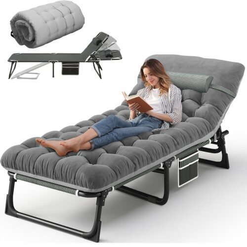 Heavy-Duty Folding Camping Cot with Mattress – 4‑Position Adjustable, Carbon‑Steel Frame & Removable Pillow