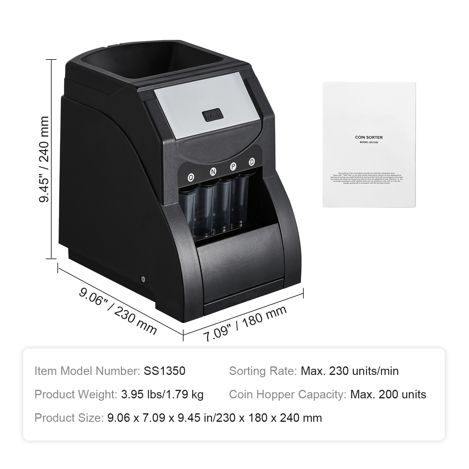 VEVOR USD Coin Sorter Machine with Wrapper, Sorts 230 Coins/Min, Holds 200 Coins, Black - Image 5